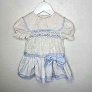 Vintage Polly Flinders Smocked White Blue Pink Dress Girls 2T Cottagecore Floral